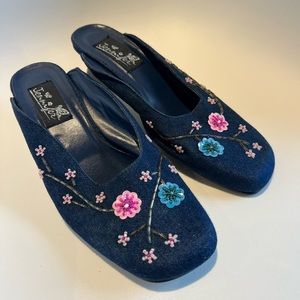 Vintage denim mules with embroidery